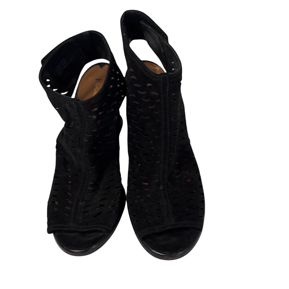 Via Spiga Black Suede Laser Cut Wedge Peep Toe Sandals Ankle Strap Womens 9M
